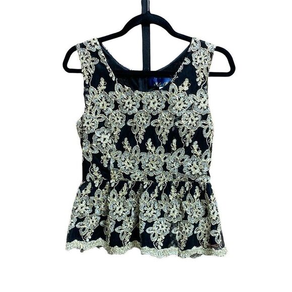 Blue Rain Black & Gold Embroidered Peplum Top Size Medium - Picture 1 of 5